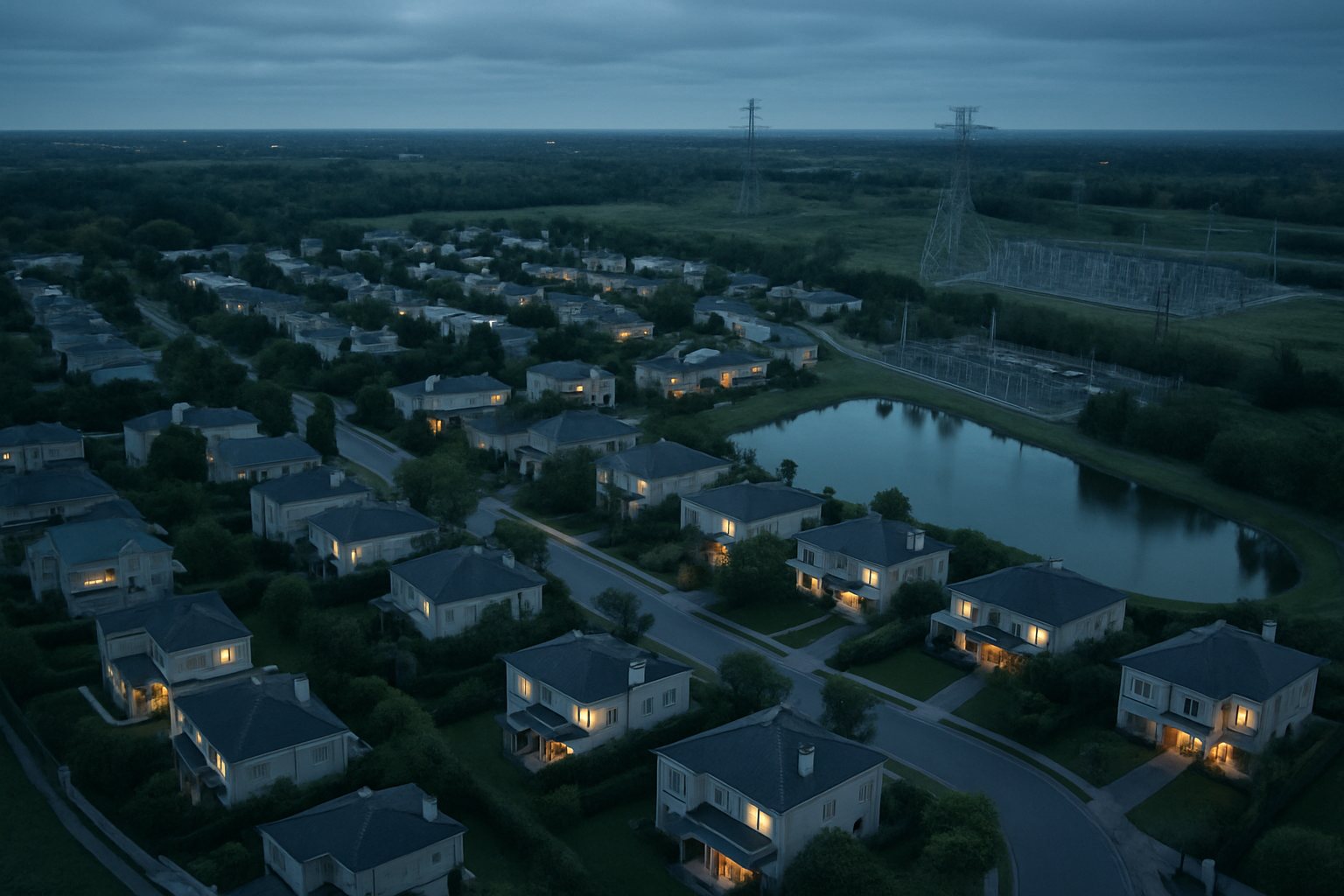 Vista aérea de un barrio cerrado del Gran Buenos Aires al atardecer con casas iluminadas y tendido eléctrico