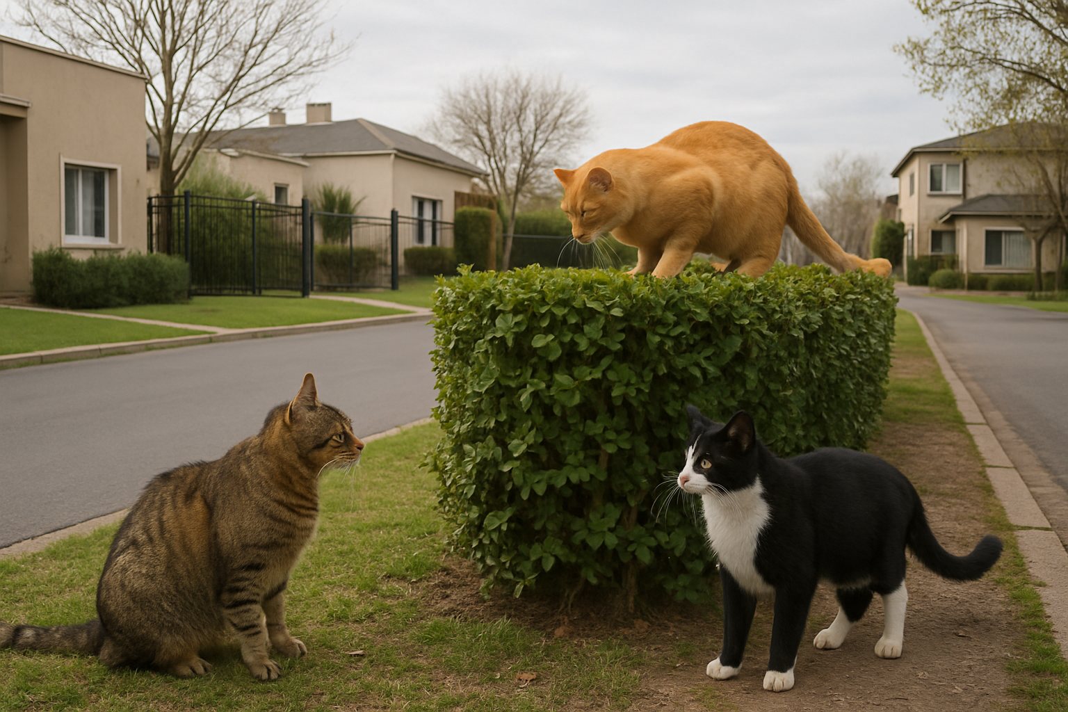 Tres gatos junto a un cerco vivo entre jardines de viviendas en un barrio cerrado.