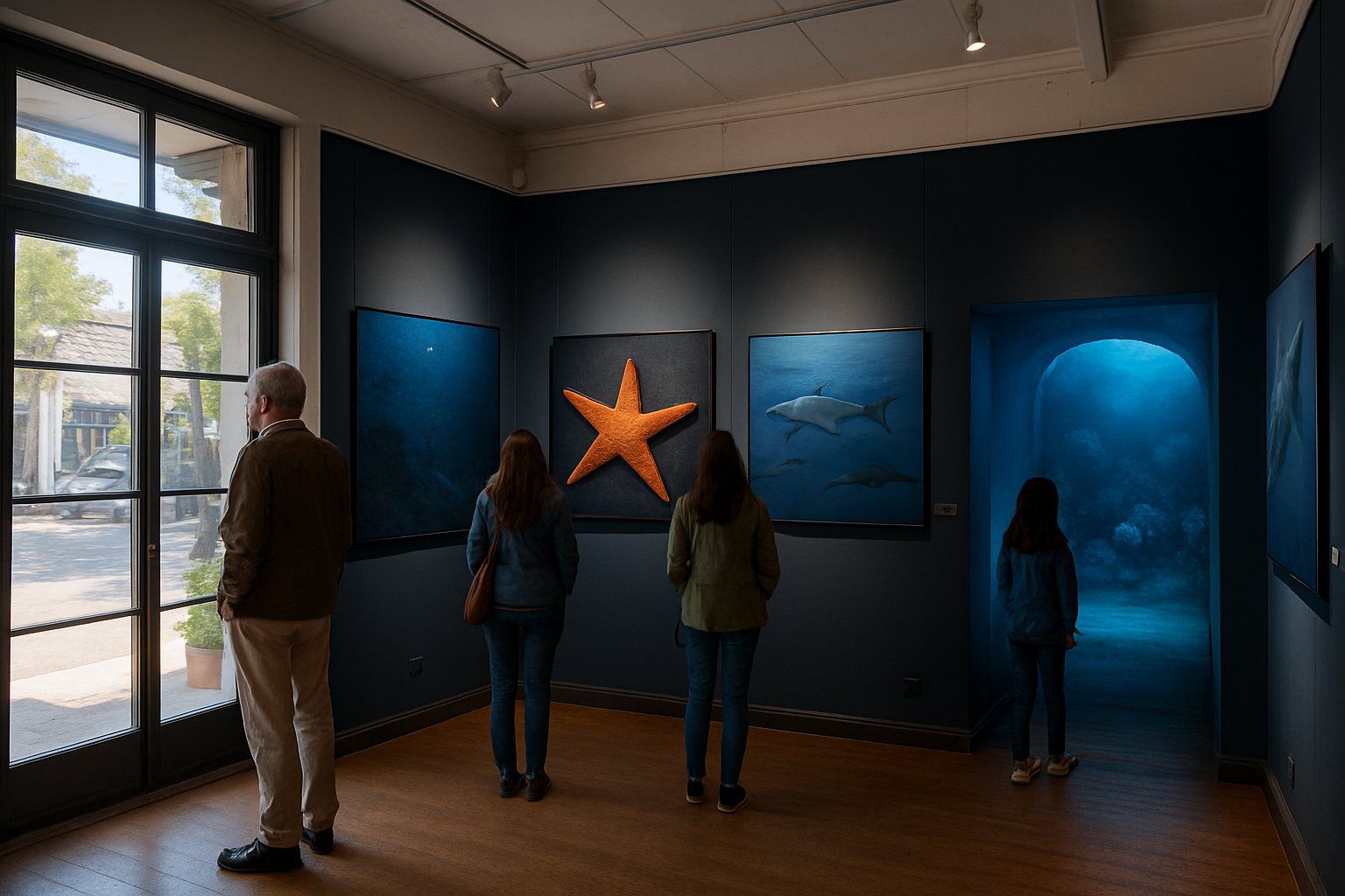 Imagen ilustrativa de una exposición de ciencia marina con fotografías submarinas y un espacio inmersivo.