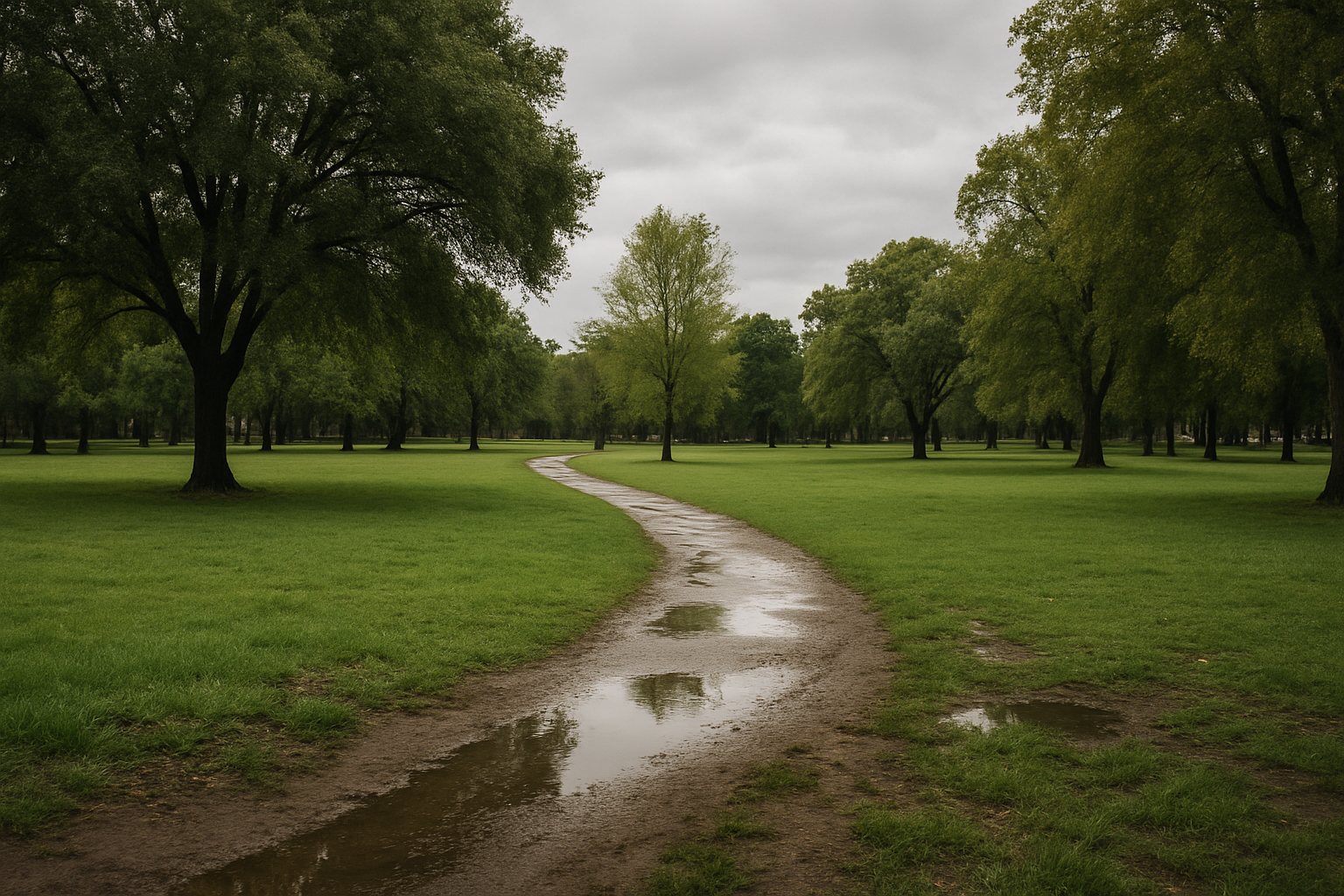 Imagen ilustrativa de un parque arbolado con sendero y suelo húmedo después de la lluvia.