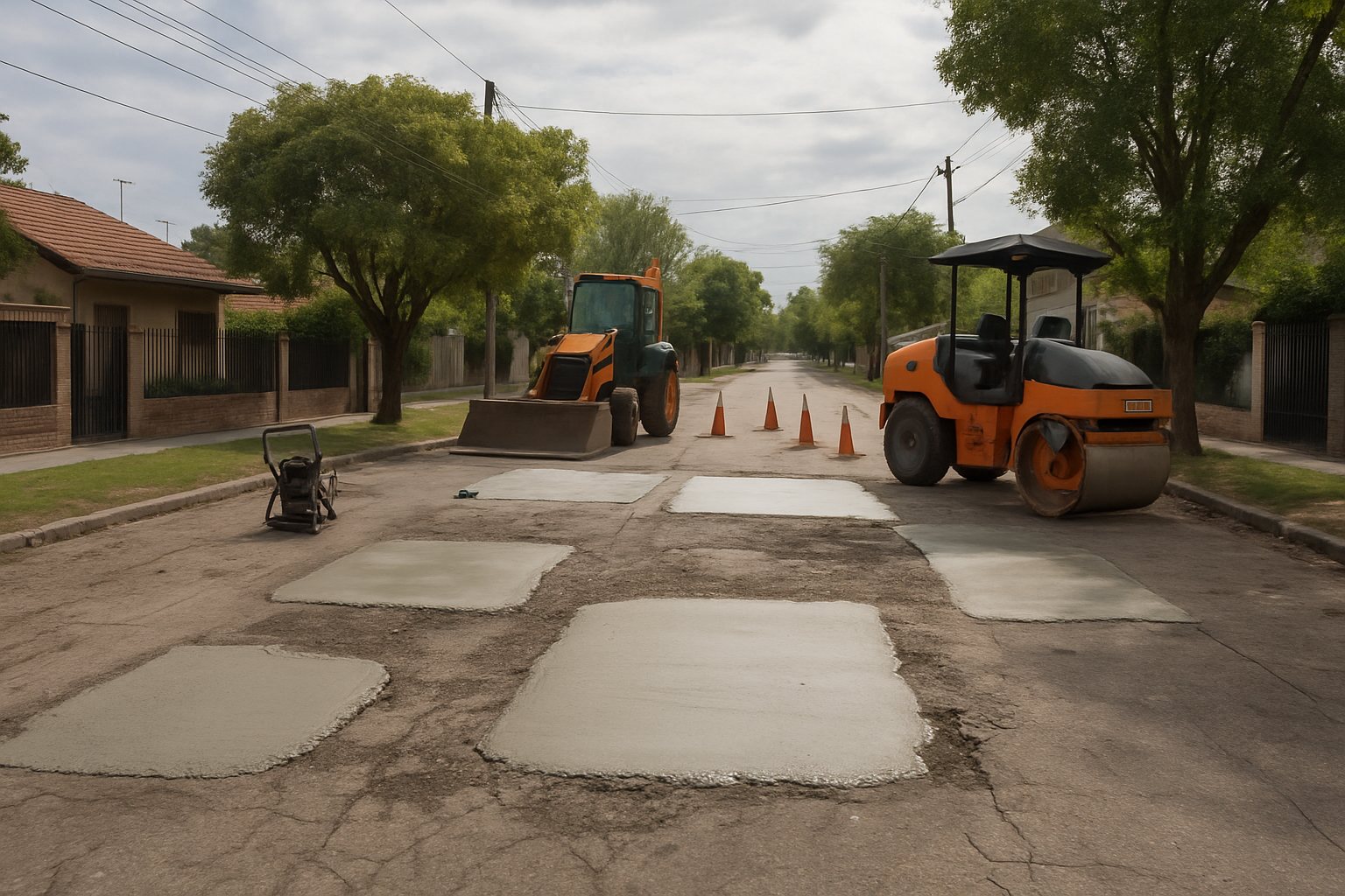 Imagen ilustrativa de reparaciones de pavimento en una calle de un entorno residencial suburbano.