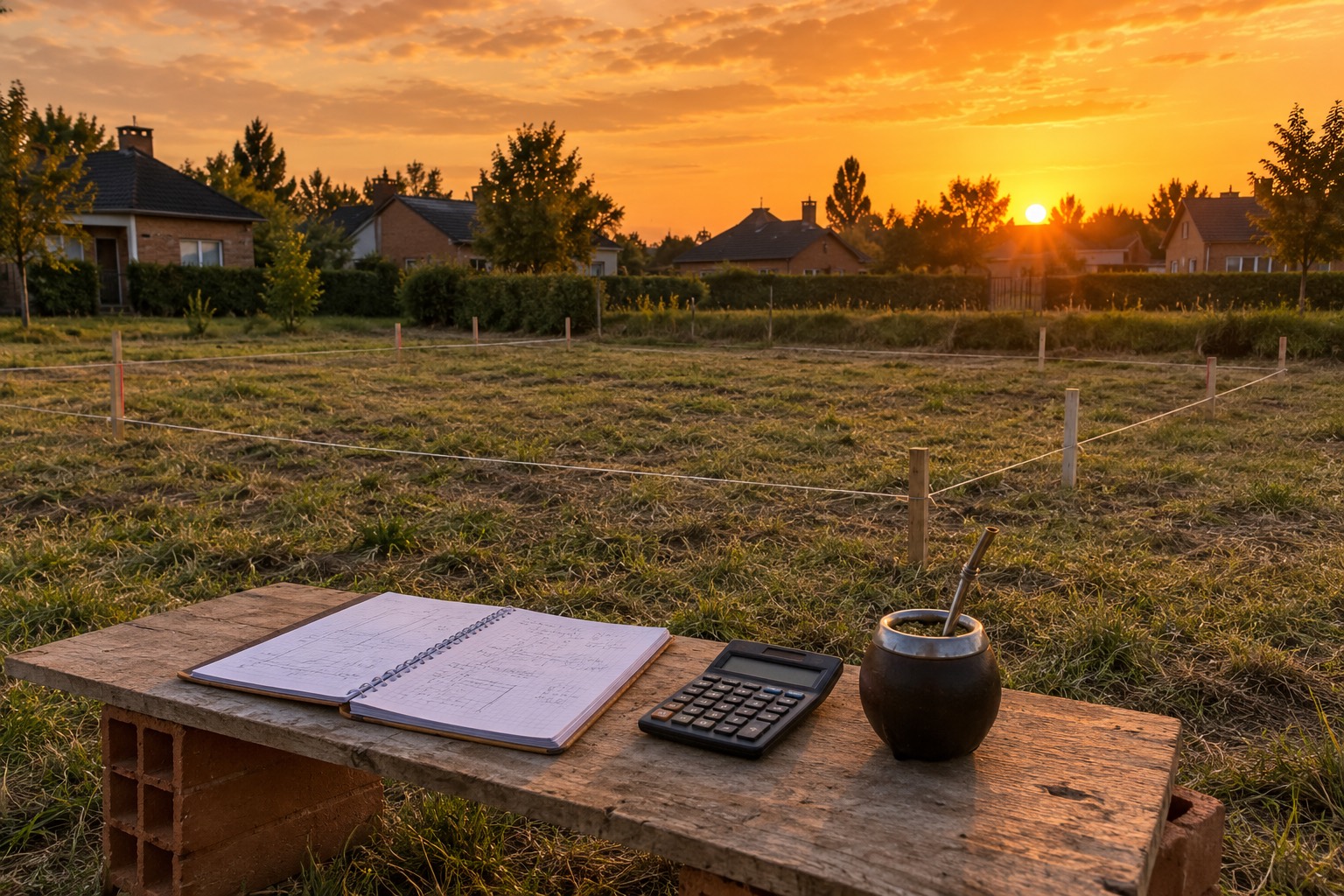 Un lote vacío de pasto en un barrio cerrado al atardecer, con estacas e hilo marcando el contorno de una casa chica, y sobre una tabla un cuaderno con cuentas a mano, una calculadora y un mate